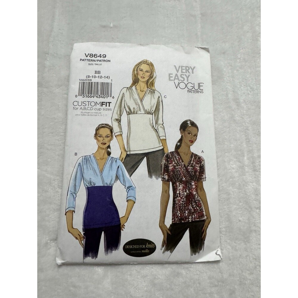 Vogue Sewing Pattern V8649 Misses Pullover Top Size 8 10 12 14 Shirt Semifitted